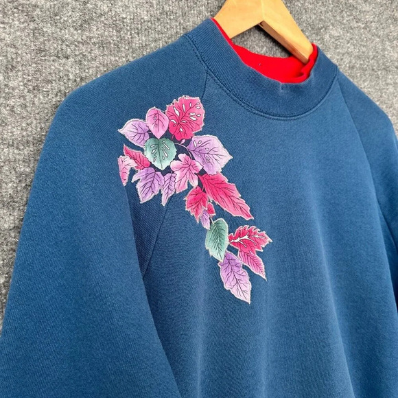 Vintage Granny Sweatshirt Womens M Blue Applique Leaves Double Collar Pullover - Picture 3 of 11